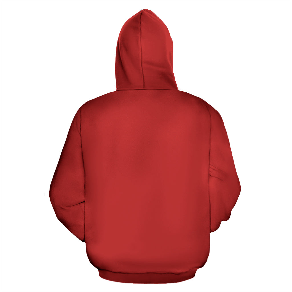 Back view of the red hoodie with a plain design, created to support the historical tribute on the front.