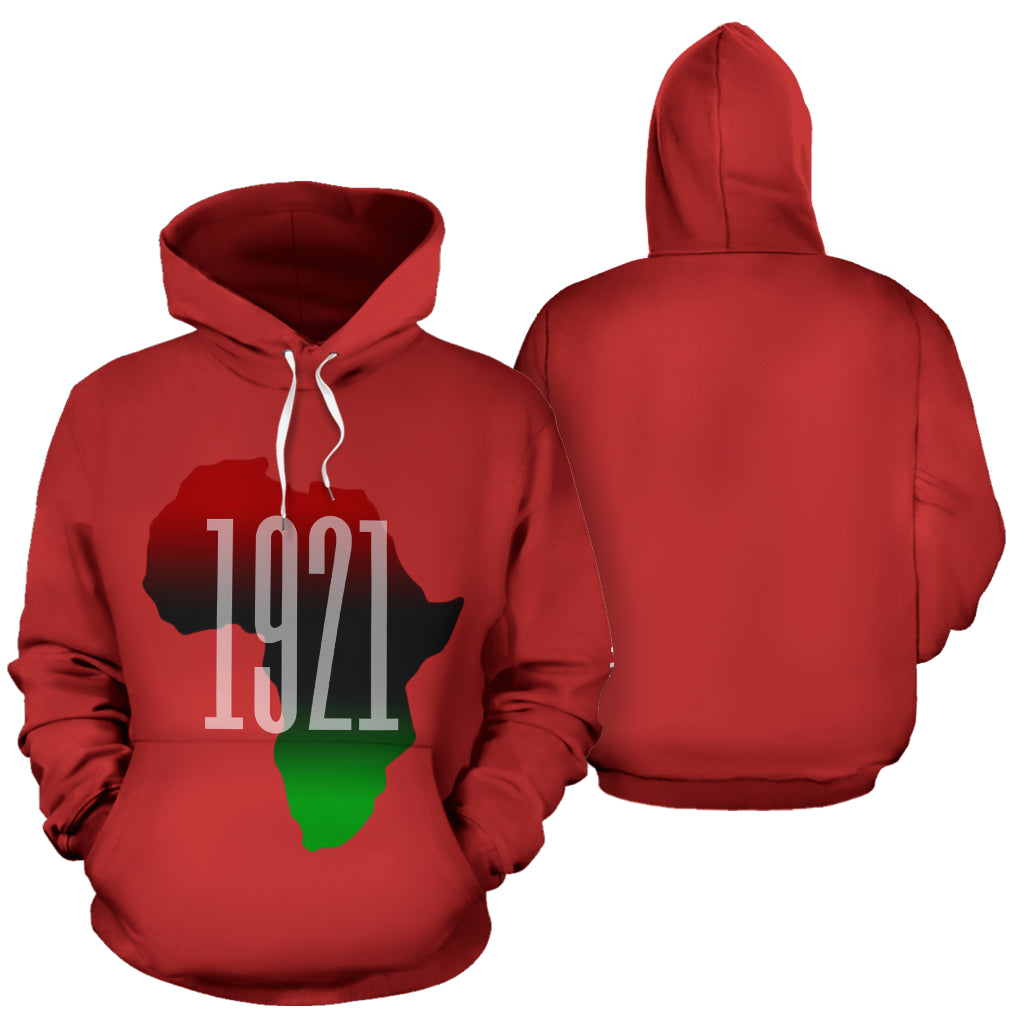 Front and back view of red hoodie with “Never Forget Tulsa 1921” text design on the front, symbolizing Black history and pride.