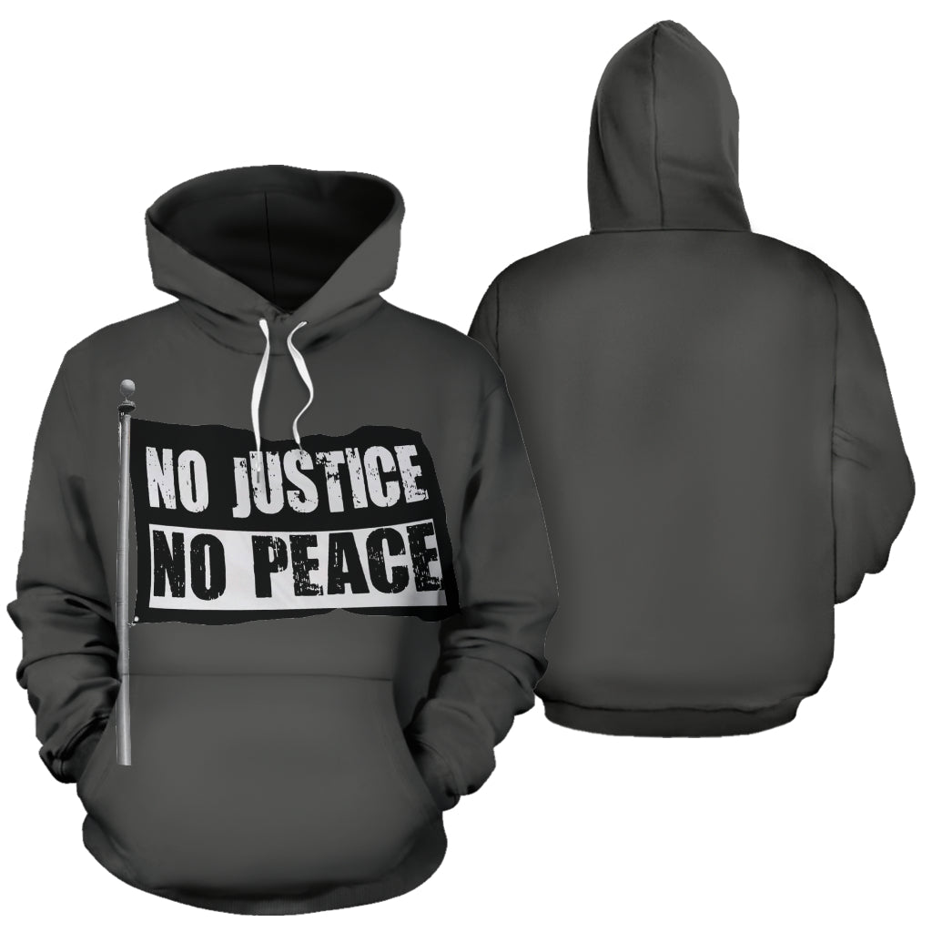 No Justice No Peace Text Design Hoodie showing both front and back views – Black-Owned premium polyester hoodie designed for comfort, style, and powerful social activism statement