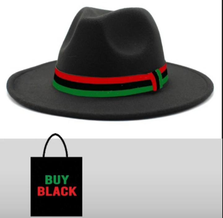 A black fodora hat with a green and red stripe around the crown, displayed alongside a 'BUY BLACK' tag.