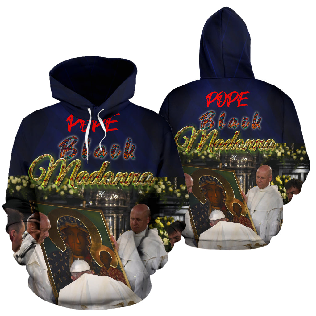 Pope Black Madonna Design Hoodie showing both front and back views – Black-Owned premium polyester hoodie with bold cultural artwork celebrating heritage and identity