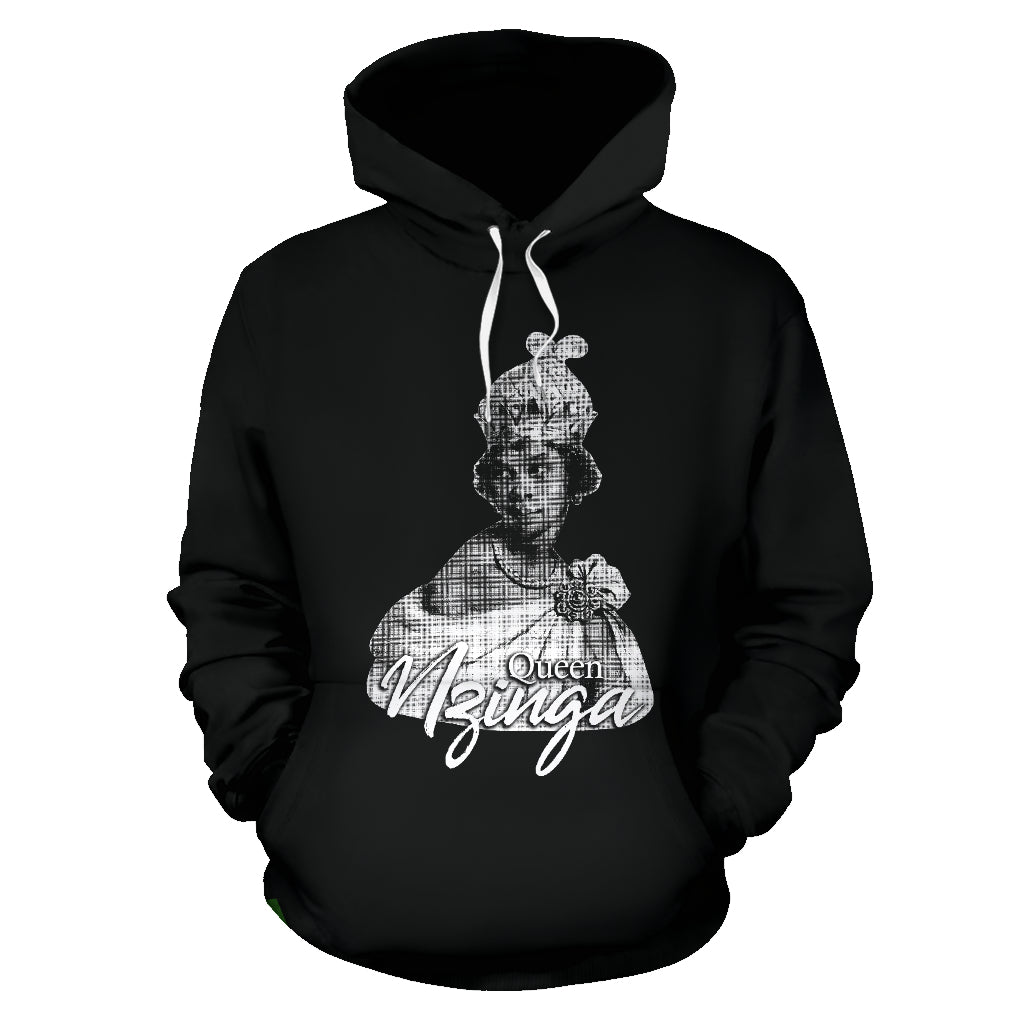Queen Nzinga Photo Design Black Hoodie front view – Black-Owned custom-made hoodie honoring Queen Nzinga’s legacy with premium polyester and cultural pride