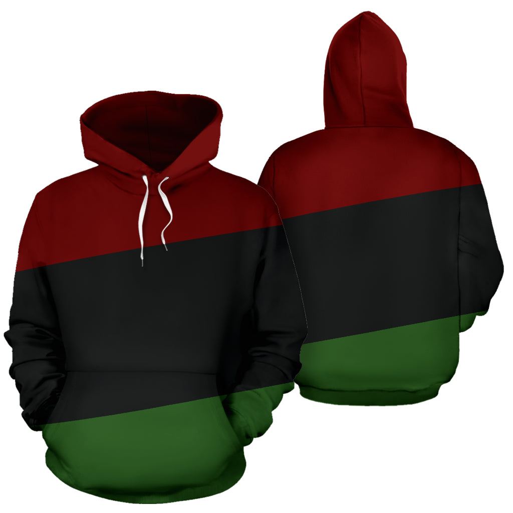 Front and back views of the RBG Flag Full Design Hoodie by Nagast Footwear, a Black-Owned brand. This custom-made hoodie features the full Red, Black, and Green flag design wrapped around the entire garment, symbolizing Black pride, resistance, and cultural legacy. Crafted from premium materials for both style and durability.