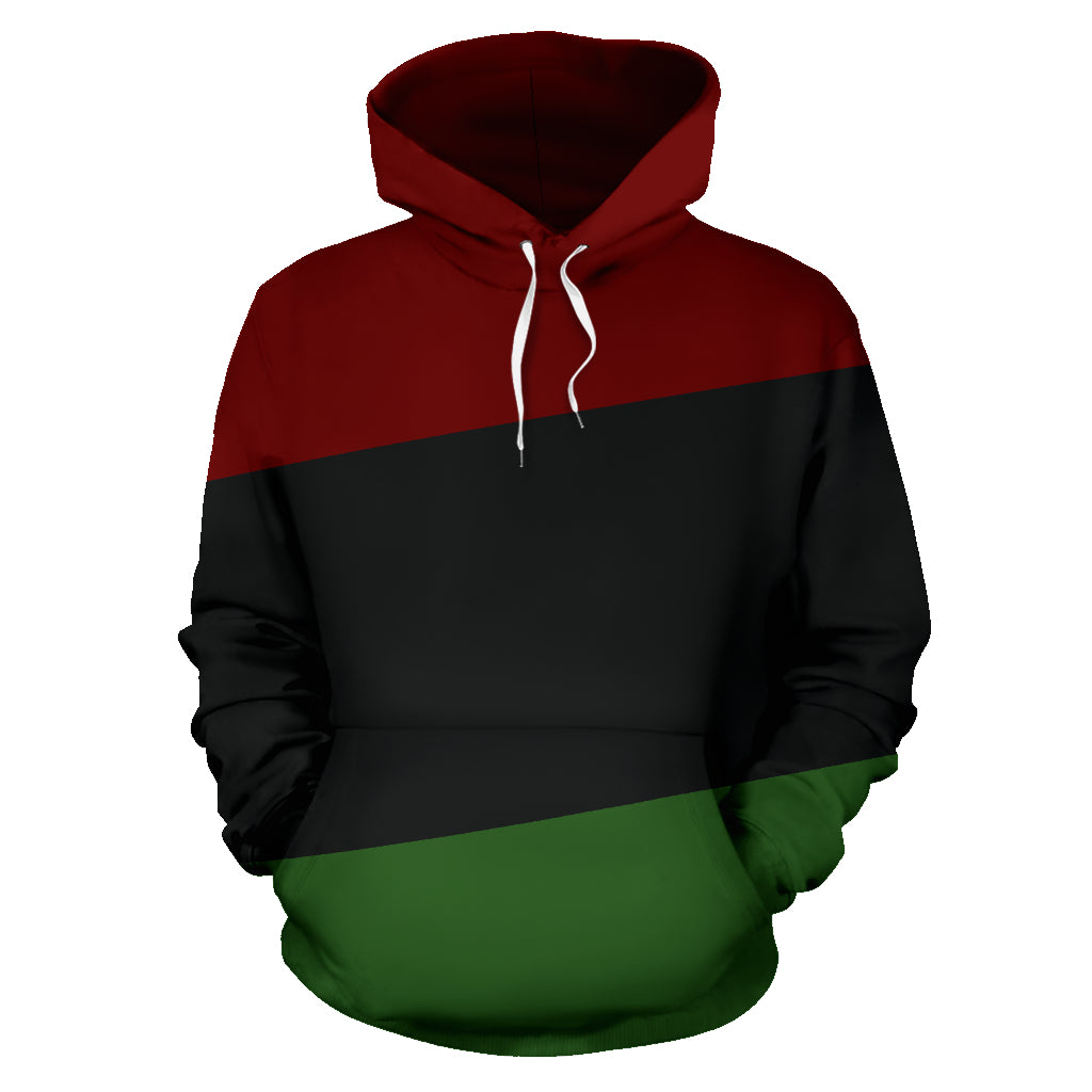 Front view of the RBG Flag Full Design Hoodie by Nagast Footwear, a Black-Owned brand. The hoodie features a bold Red, Black, and Green flag pattern on premium fabric, symbolizing Black pride and cultural strength.