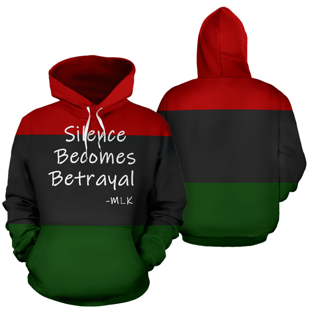 Silence Becomes Betrayal Text Design Hoodie showing both front and back views – Black-Owned premium polyester hoodie making a bold statement for justice, resilience, and cultural pride