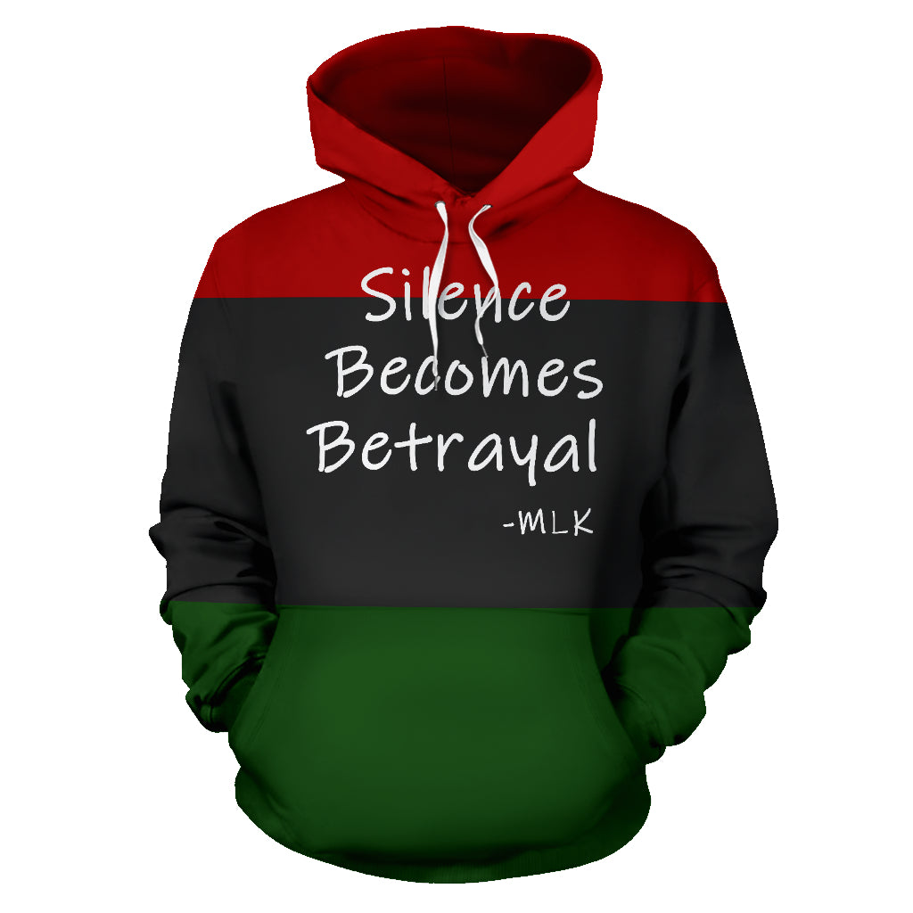 Silence Becomes Betrayal Text Design Hoodie front view – Black-Owned custom-made premium polyester hoodie making a bold statement for justice and resilience