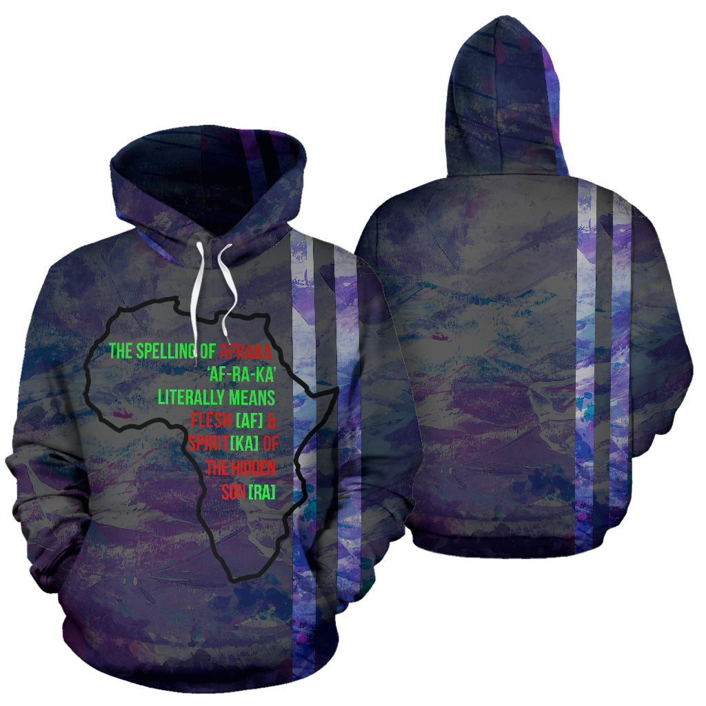 Spelling of Africa Stylish Hoodie showing both front and back view on mannequin – Black Owned custom hoodie crafted from premium polyester blend, celebrating African heritage with bold style.