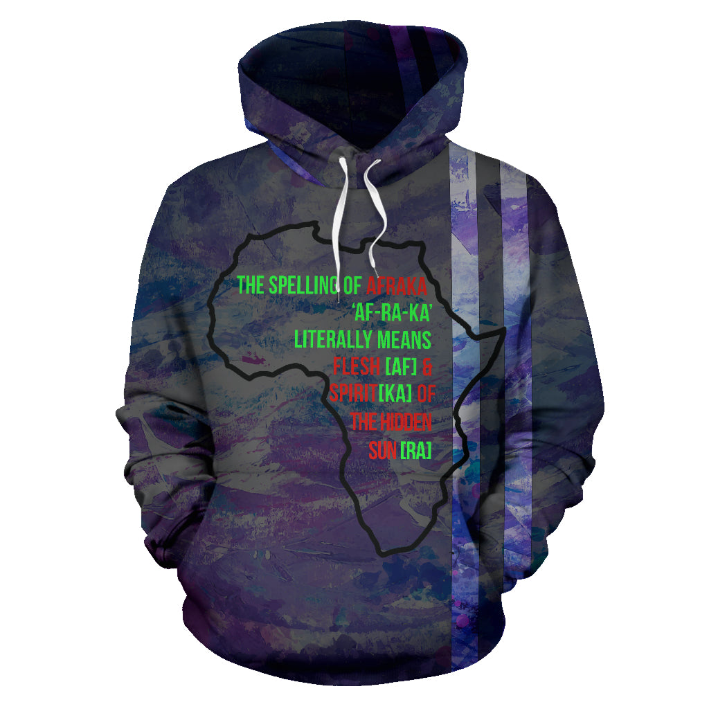 A hoodie with a purple and blue camouflage pattern and text that reads 'The Spelling of Afraóa Literally Means Flesh&Spirit&The Rooster&Sun Trai' along with a silhouette of Africa.