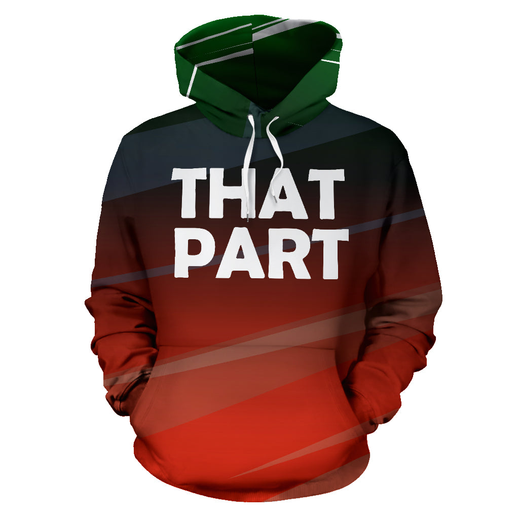 A men's hoodie with a black and red color scheme, featuring the text 'That Part' printed in white on the front.
