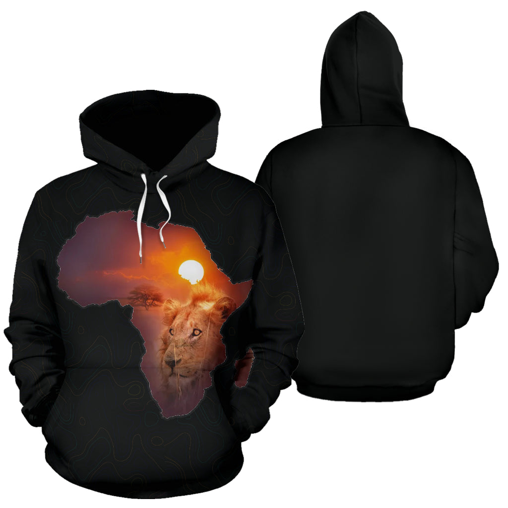 The Lion’s Map Design Hoodie showing both front and back views – Black-Owned premium polyester hoodie blending bold lion artwork, map design, cultural pride, and durable everyday comfort