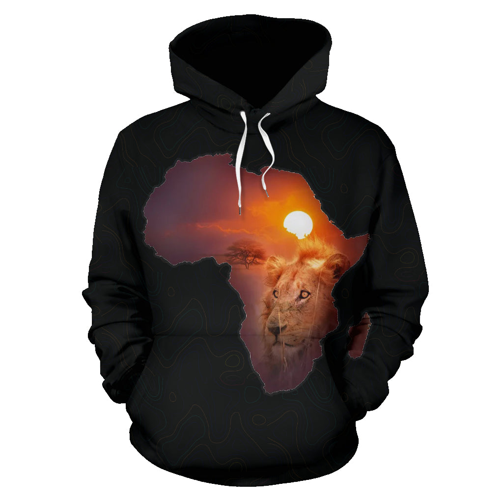 A black hoodie with a graphic print of a lion's face over a stylized map of Africa during sunset.