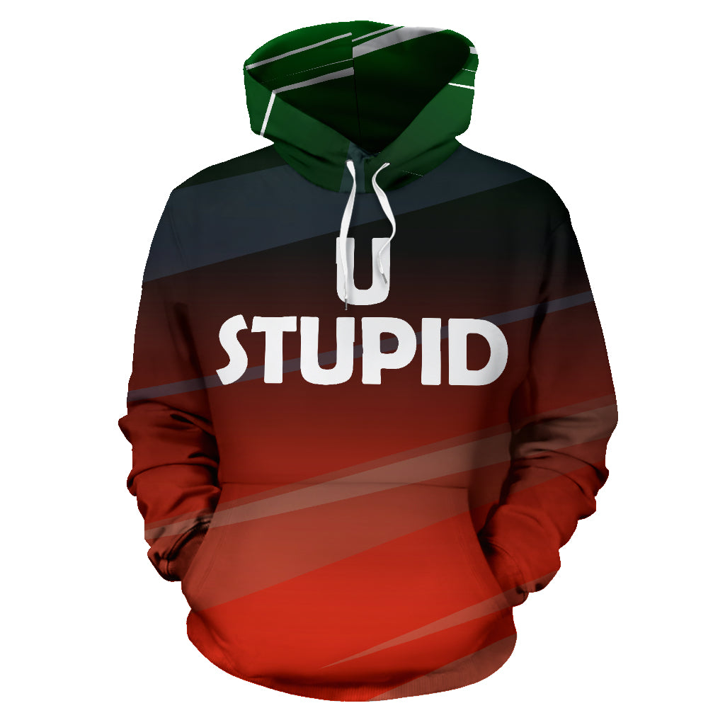 A men's hoodie with a black and red color scheme, featuring the text 'U STUPID' in white on the front.