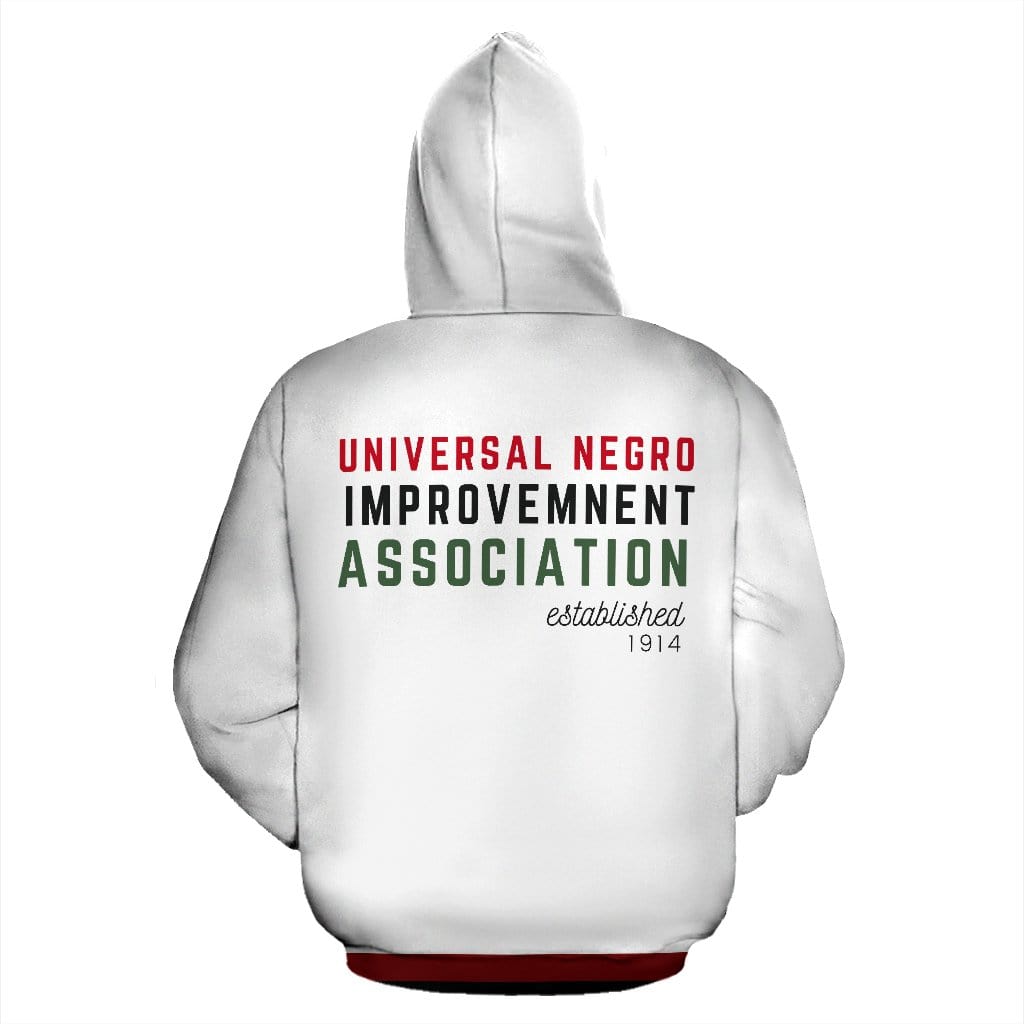 Back view of the UNIA Flag White Hoodie – plain white premium polyester hoodie with no back print, offering clean design and everyday comfort.