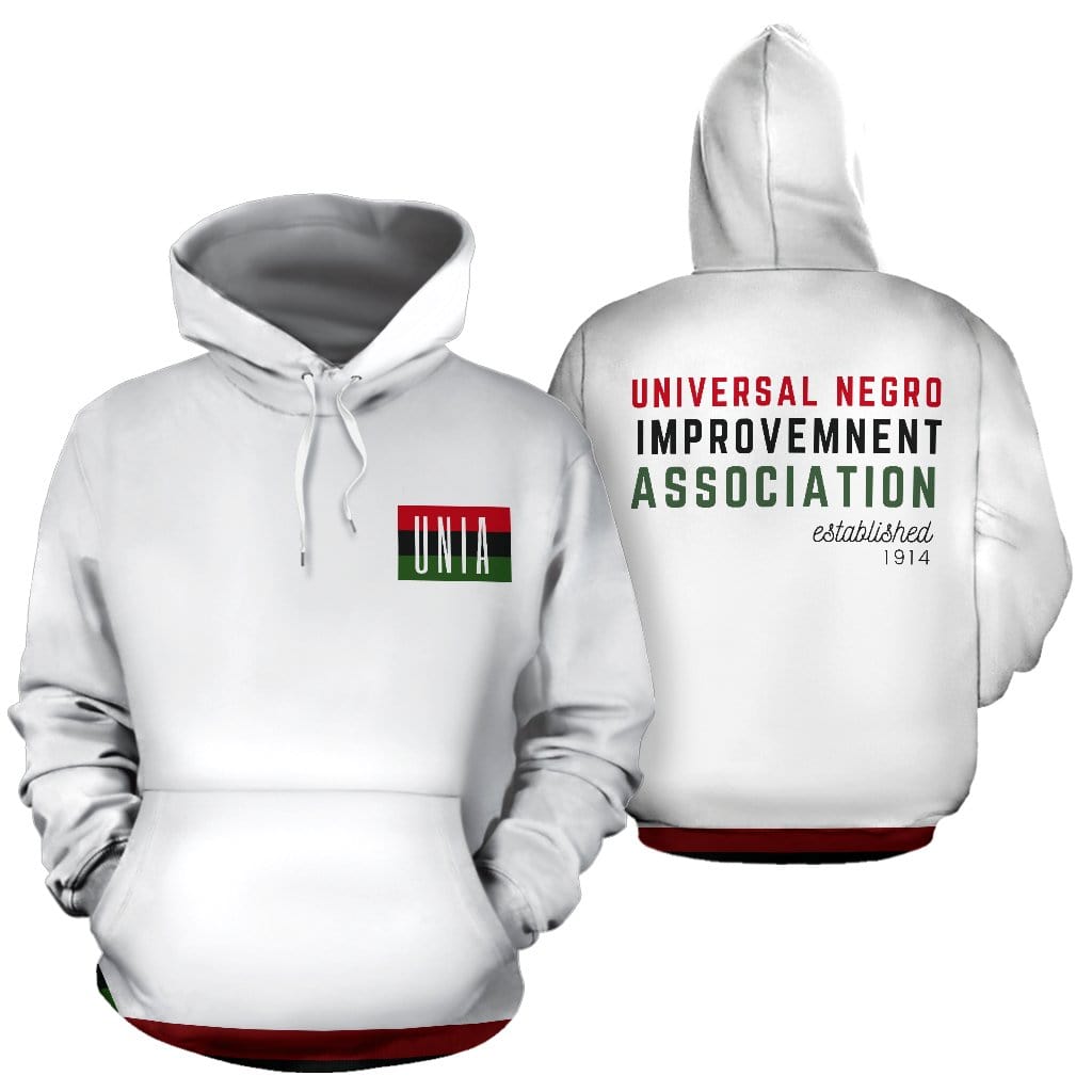 A white hoodie with the text 'UNIVERSAL NEGRO IMPROVEMENT ASSOCIATION' and a flag emblem on the front and back.