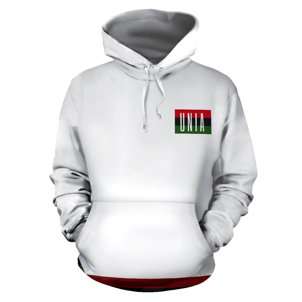 Front view of the UNIA Flag White Hoodie – a white hoodie by a Black-Owned brand featuring the UNIA flag emblem on the chest, symbolizing pride, unity, and heritage.
