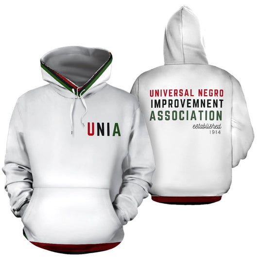 A white hoodie with 'UNIA' and 'Universal Negro Improvement Association' text along with a date '1914' on the front and back. The hoodie features a high definition heat-dye application.