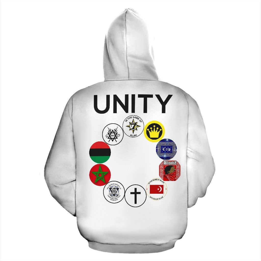 Back view of UNITY Patch White Hoodie, showcasing patch design and quality fabric.