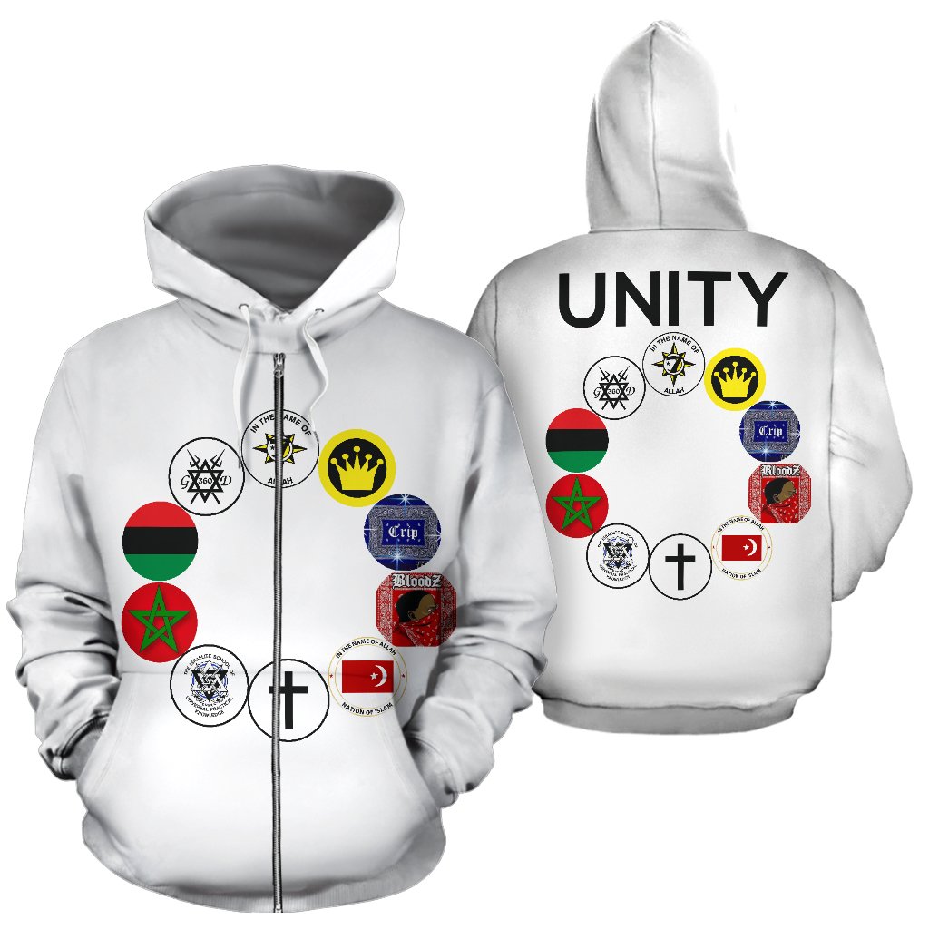 UNITY Patch White Hoodie shown front and back side by side for full design overview.
