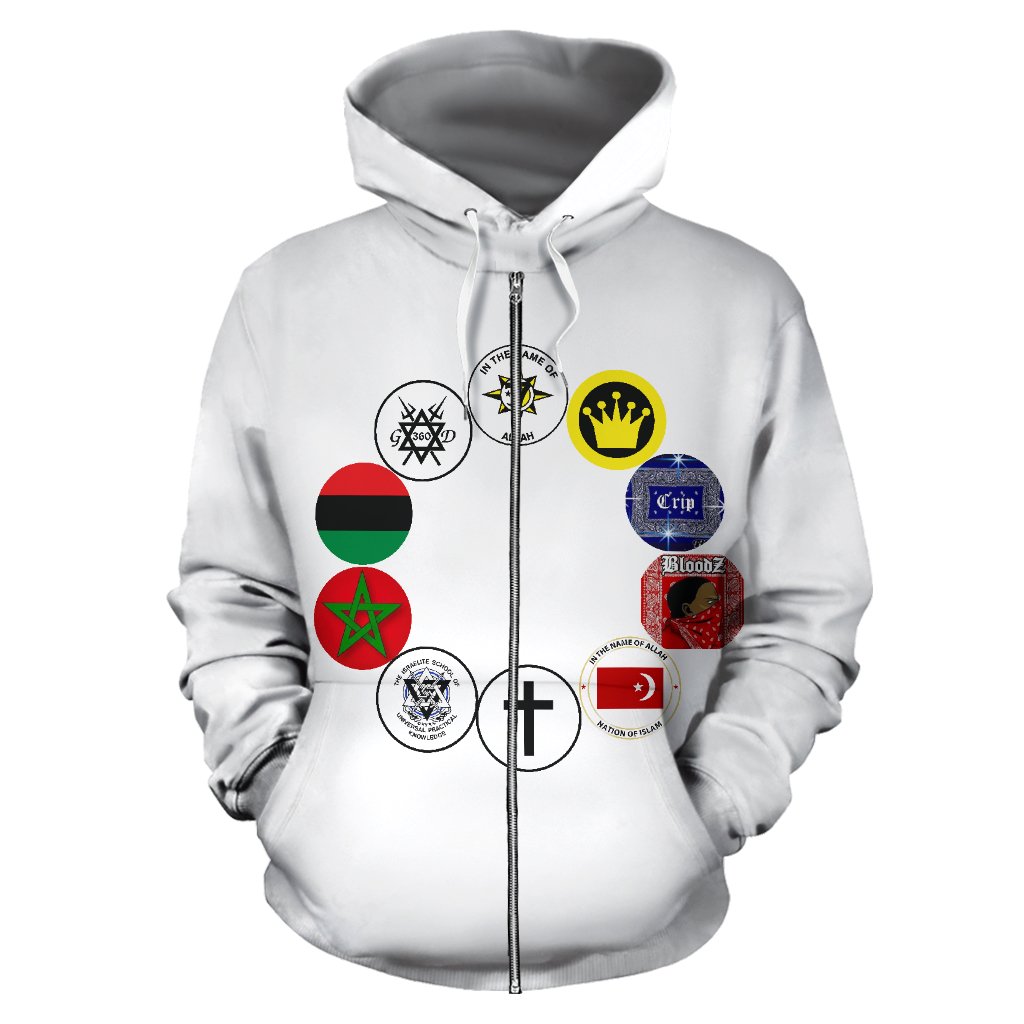 UNITY Patch White Hoodie with various colorful patches and logos representing different groups or causes, and a zip-up front.