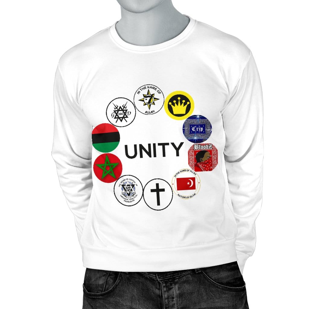 Mannequin wearing UNITY Patch White Sweater with both hands positioned behind, displaying relaxed back pose.