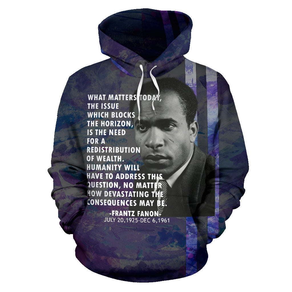 A men's hoodie with a portrait of Frantz Fanon and a quote by him on the front, set against a blue and purple textured background.