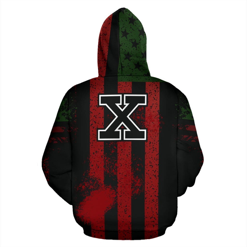 Back view of the X Custom Hoodie from a Black-Owned brand, showcasing minimal yet impactful design on durable, high-quality polyester. A statement piece that blends culture, identity, and modern streetwear