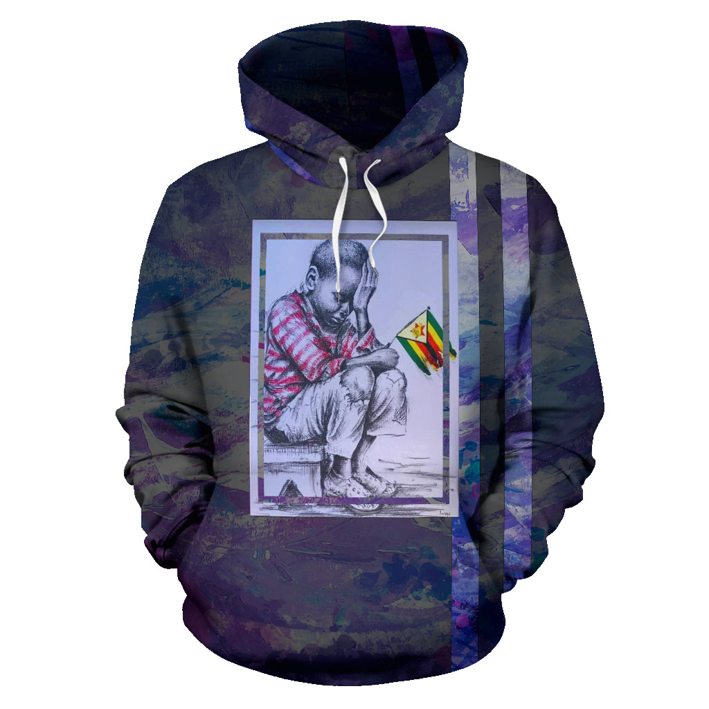 A men's hoodie with a purple and blue abstract pattern on the background and a graphic of a person sitting on a stool with a flag in the foreground.