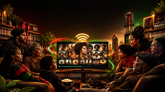 A diverse Black community gathered around connected television technology, archives, and media infrastructure