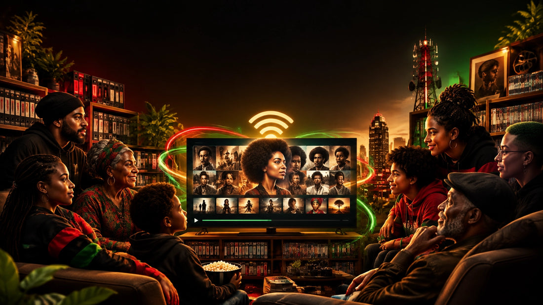 A diverse Black community gathered around connected television technology, archives, and media infrastructure