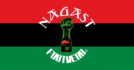 Nagast Footwear logo and raised fist displayed on a Pan-African red, black, and green flag