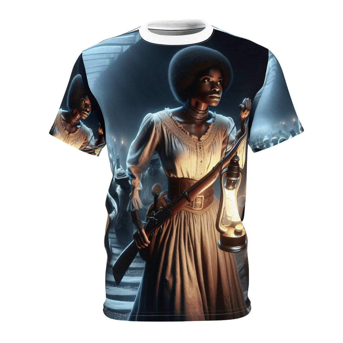 Harriet Tubman Lantern of Freedom all-over print tee by Nagast Footwear