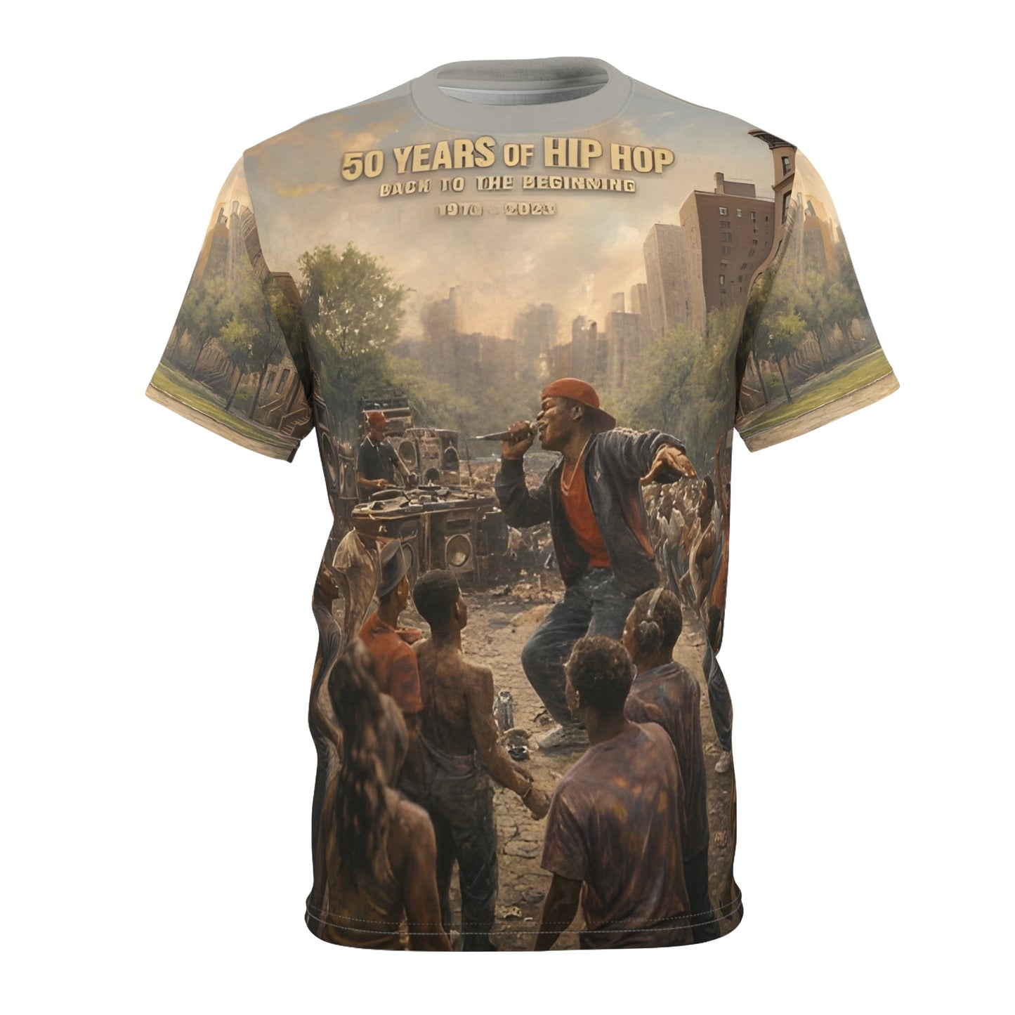 50 Years of Hip Hop All-Over Print T-Shirt – Back to the Beginning Graphic Tee - Unisex Cut & Sew Tee (AOP)