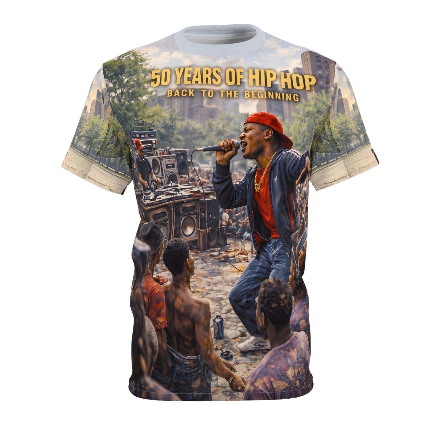 "Back to the Beginning" Hip Hop Anniversary All-Over Print Tee - Unisex Cut & Sew Tee (AOP)