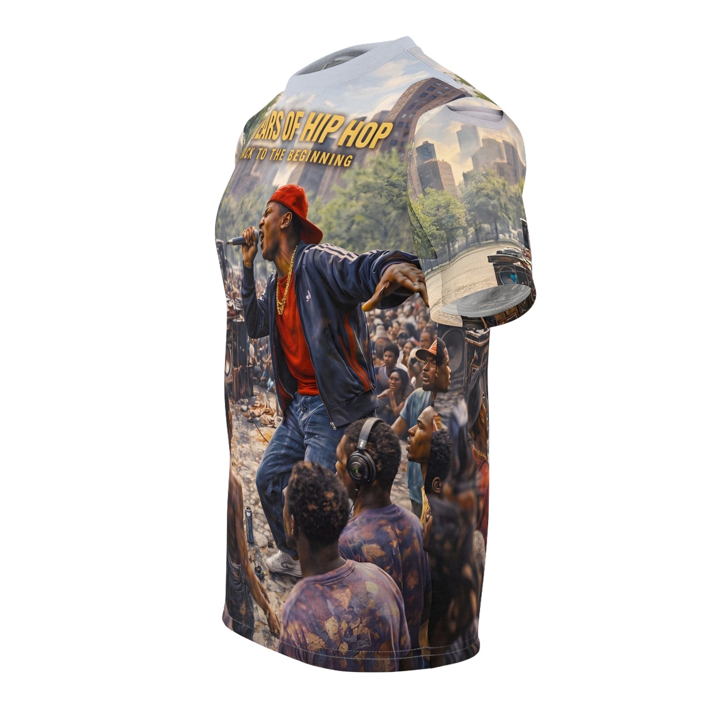 "Back to the Beginning" Hip Hop Anniversary All-Over Print Tee - Unisex Cut & Sew Tee (AOP)
