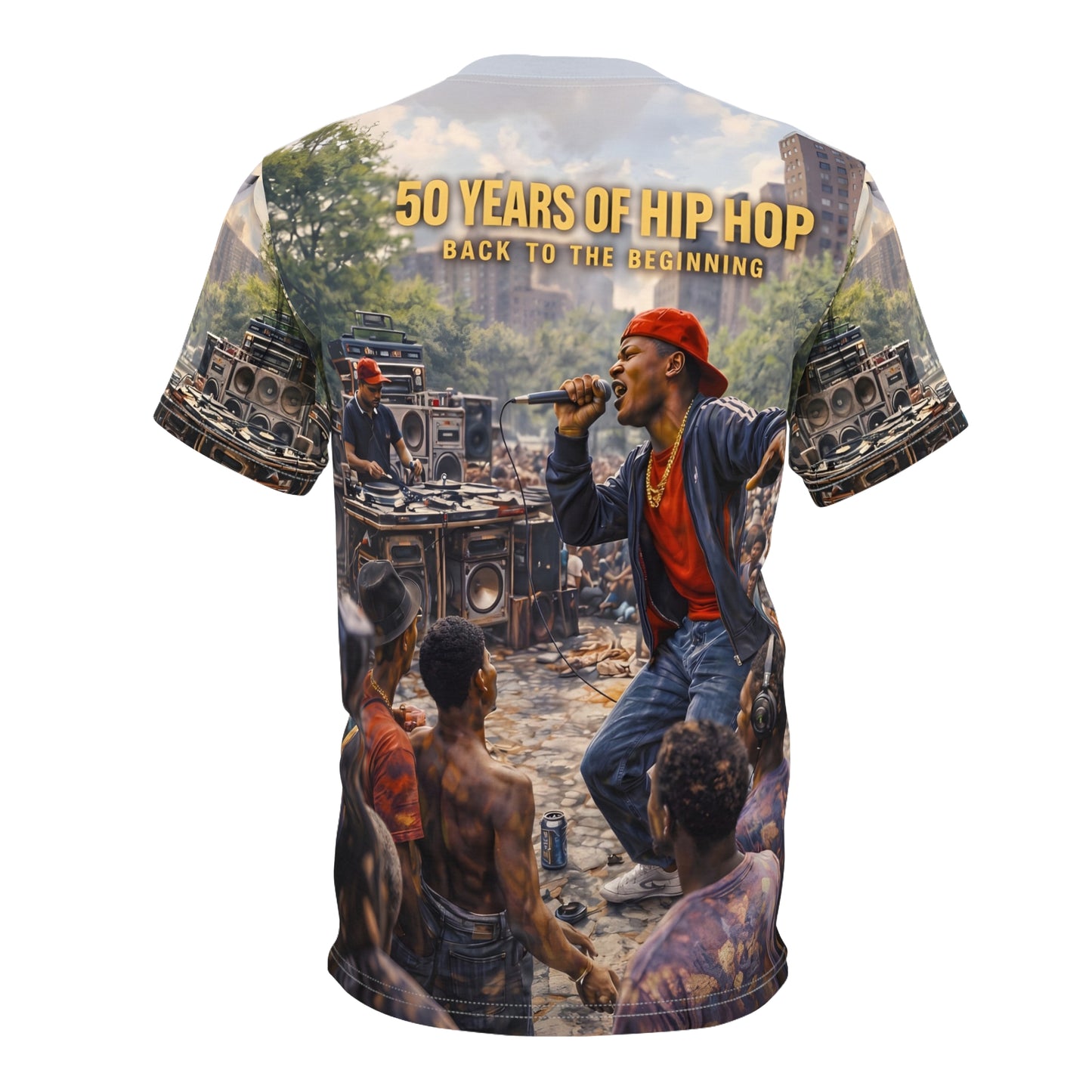 "Back to the Beginning" Hip Hop Anniversary All-Over Print Tee - Unisex Cut & Sew Tee (AOP)