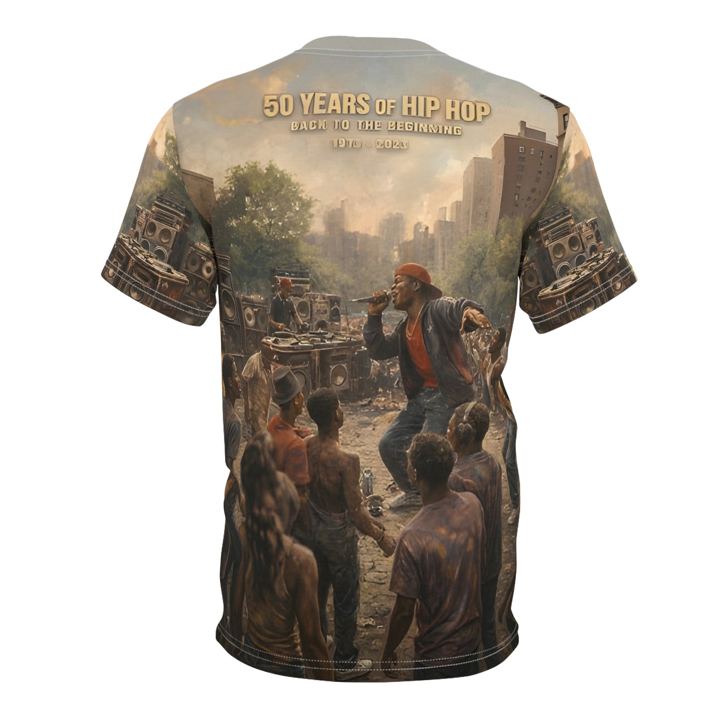 50 Years of Hip Hop All-Over Print T-Shirt – Back to the Beginning Graphic Tee - Unisex Cut & Sew Tee (AOP)