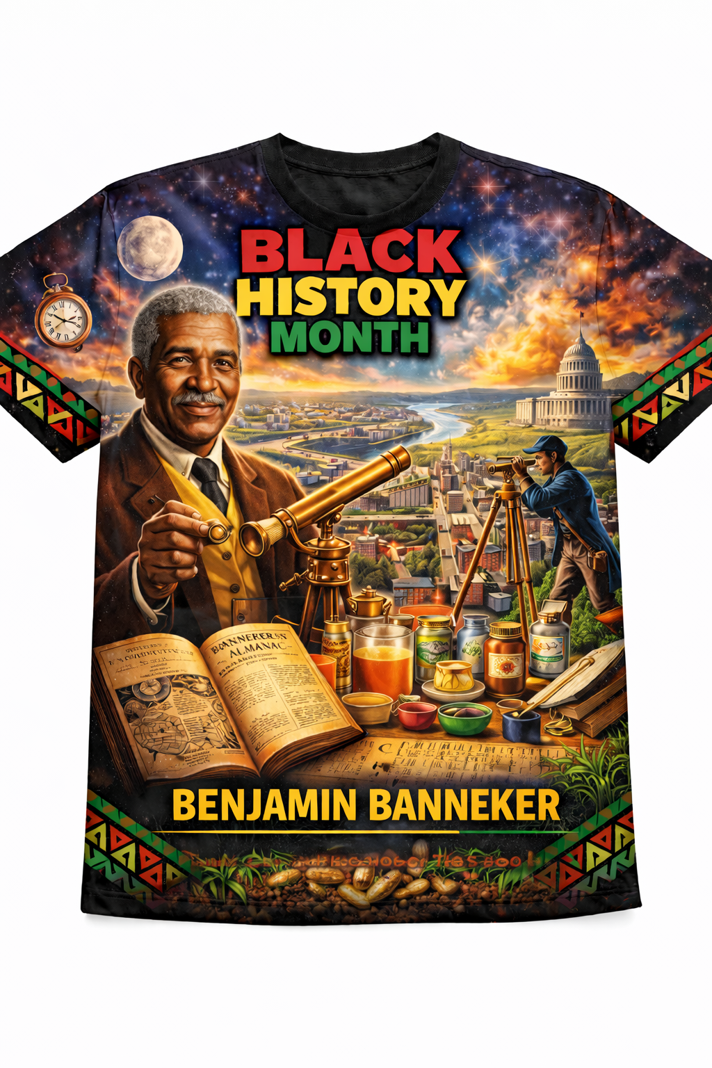 Benjamin Banneker™ All-Over Sublimation T-Shirt – Black History Collection front view
