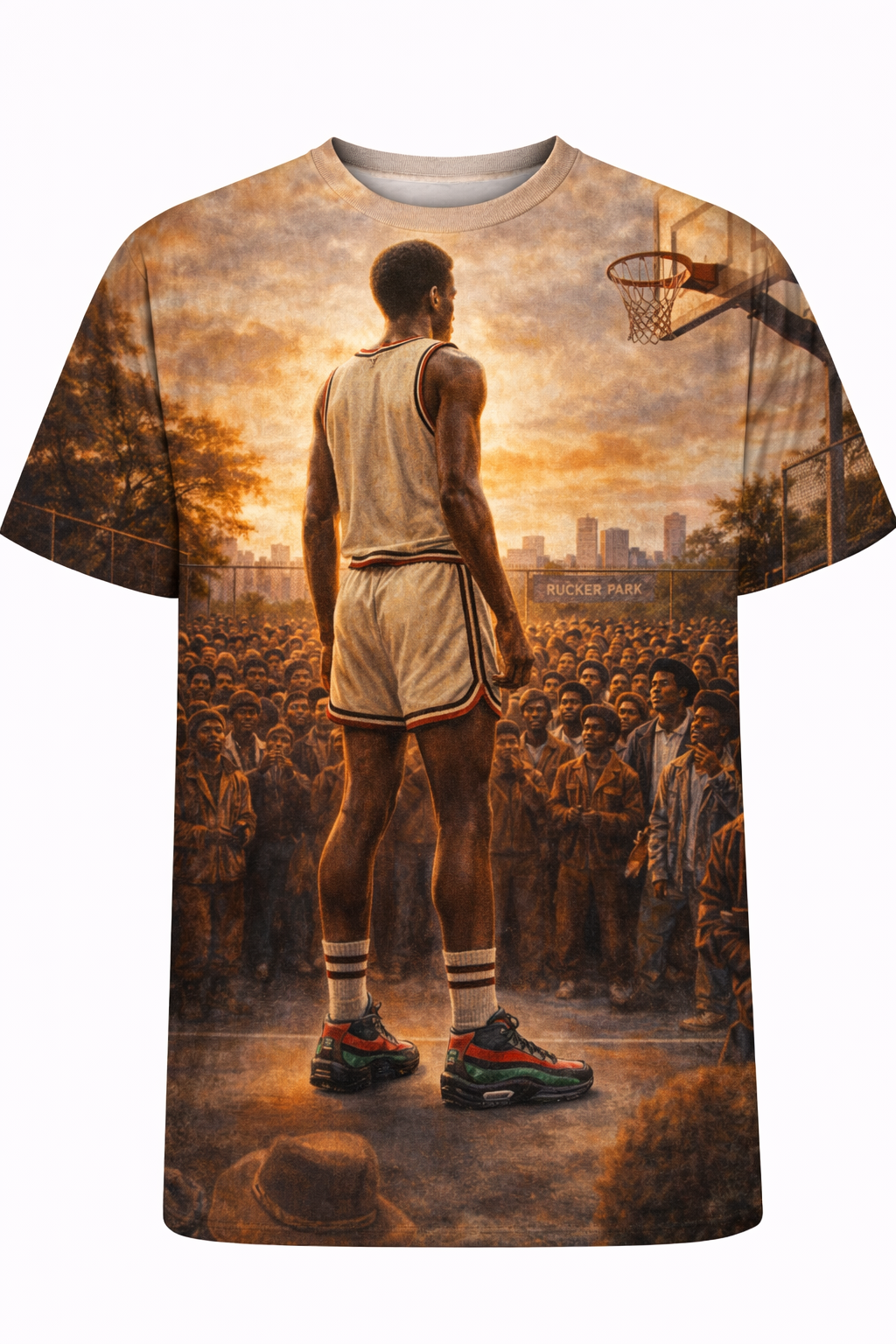 "Concrete King" Rucker Park Legend Tee – Men’s All-Over Print Streetball Graphic Tee front view