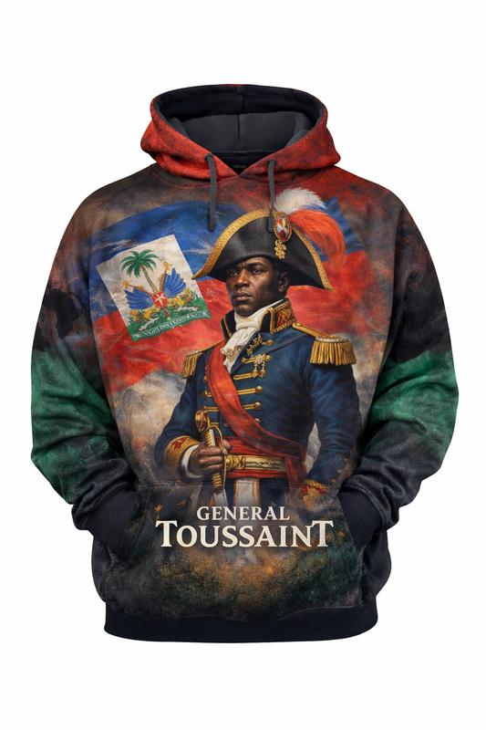 General Toussaint Louverture Haitian Revolution™ All-Over Sublimation Hoodie – Black History Collection front view