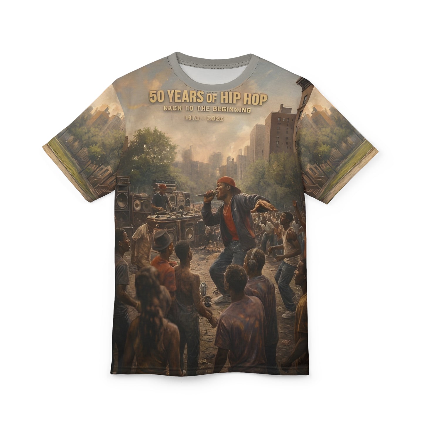 50 Years of Hip Hop All-Over Print T-Shirt – Back to the Beginning Graphic Tee - Unisex Cut & Sew Tee (AOP)