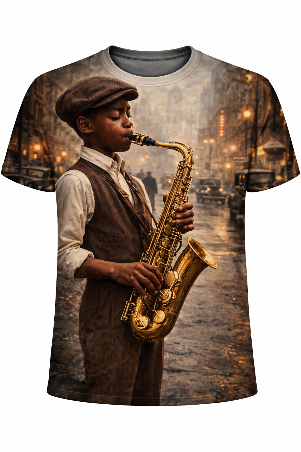 Retro Jazz Age Saxophone Player Shirt - 1920s Style Street Music Graphic T-Shirt– Black History Collection front view