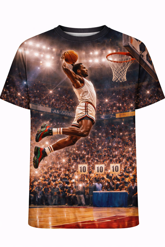 "Perfect 10" Slam Dunk Streetwear Tee – Cinematic Above-the-Rim Basketball Graphic Shirt front view