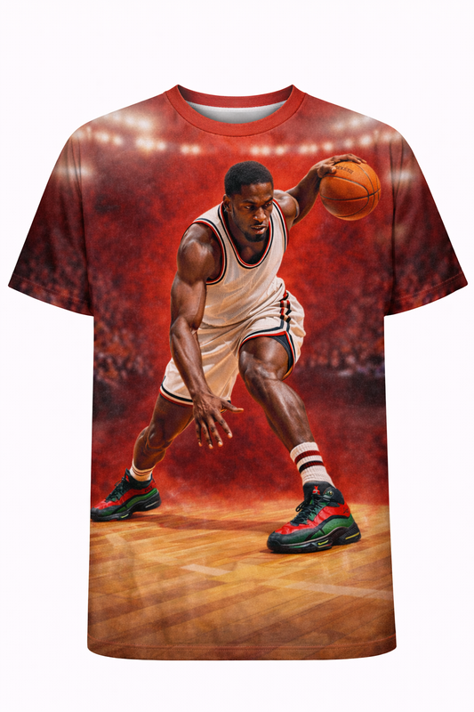 "The Crossover" Elite Basketball Tee – Cinematic On-Court Action Graphic Shirt front view