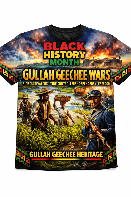 Gullah Geechee Wars™ All-Over Sublimation T-Shirt – Black History Collection front view