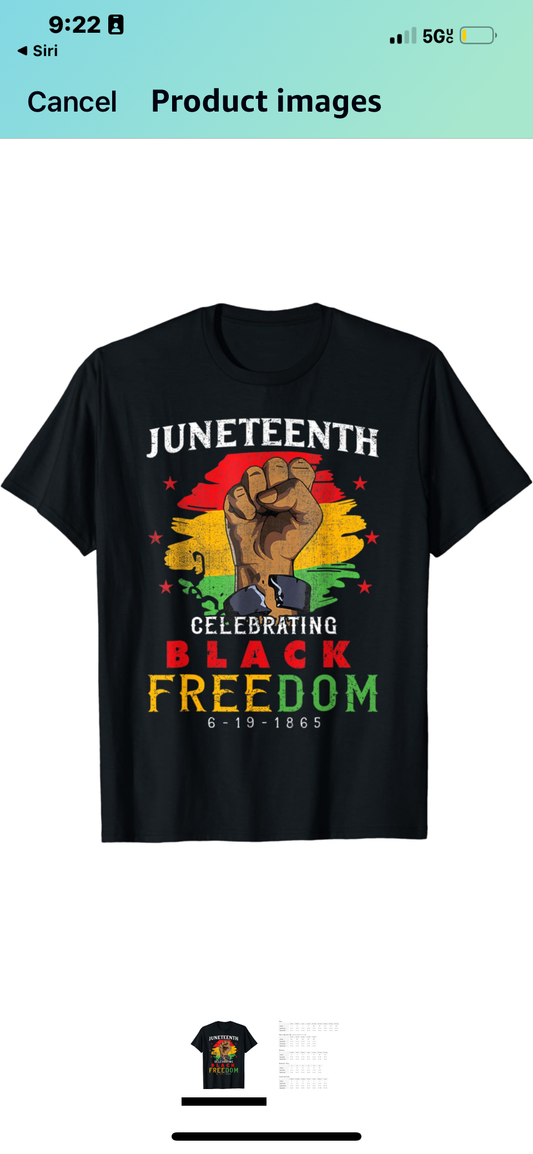 A black t-shirt with a vibrant design featuring the text 'JUNETEENTH CELEBRATE FREEDOM' and the Juneteenth flag colors.