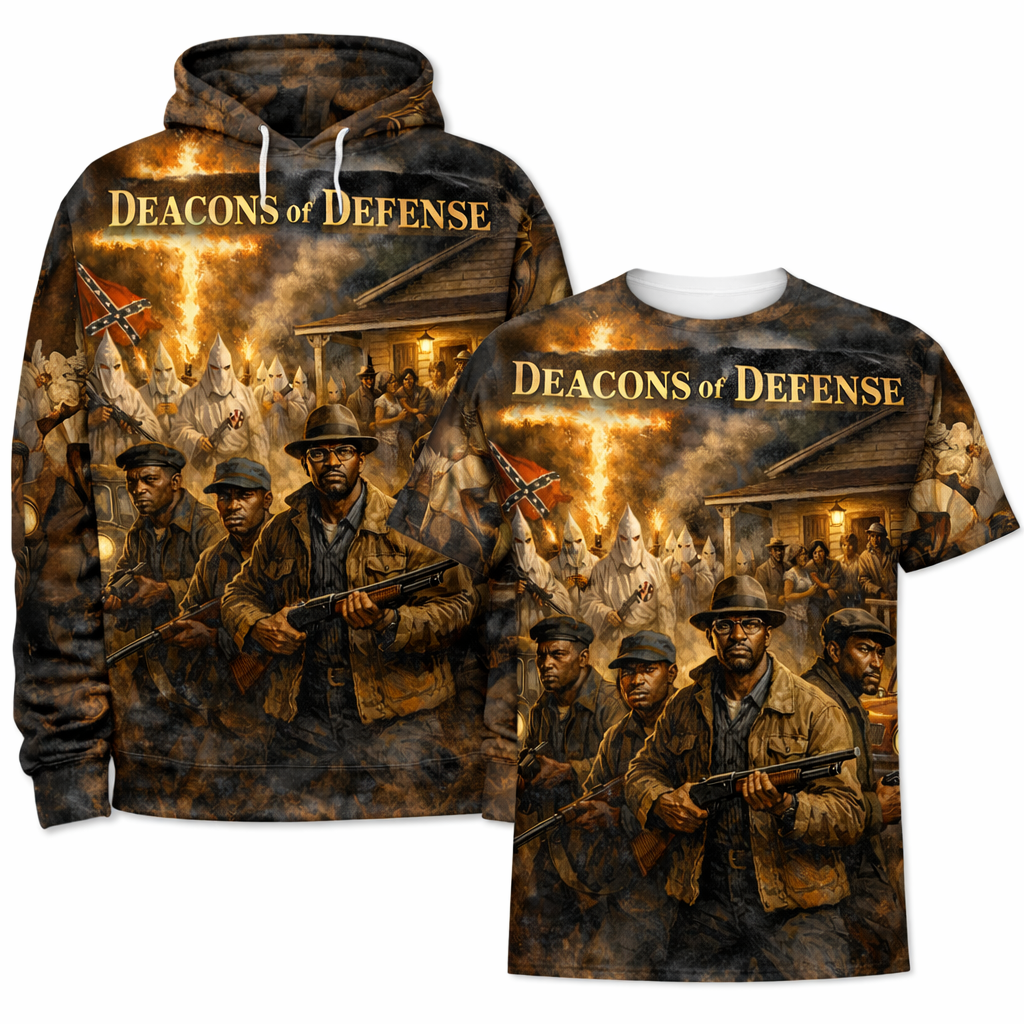 Deacons of Defense™ All-Over Sublimation T-Shirt – Black History Collection front view