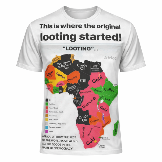 "Original Looting" Africa Resources Map T-Shirt™ All-Over Sublimation T-Shirt – Black History Collection front view
