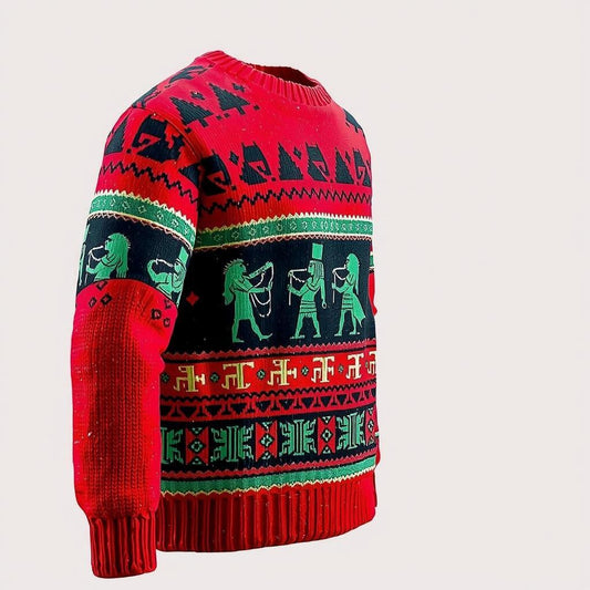 A red fabric hoodie with green and dark blue patterns, showcasing African-inspired designs.