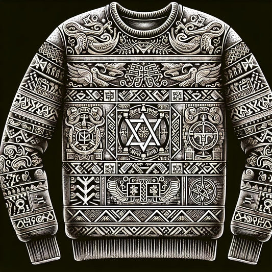 A hoodie with intricate, African-inspired geometric and animal patterns, featuring a star of David design.
