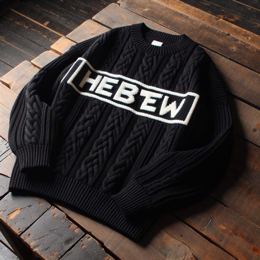 A black hoodie with white knitted text pattern spelling out 'HEBW' on the front.